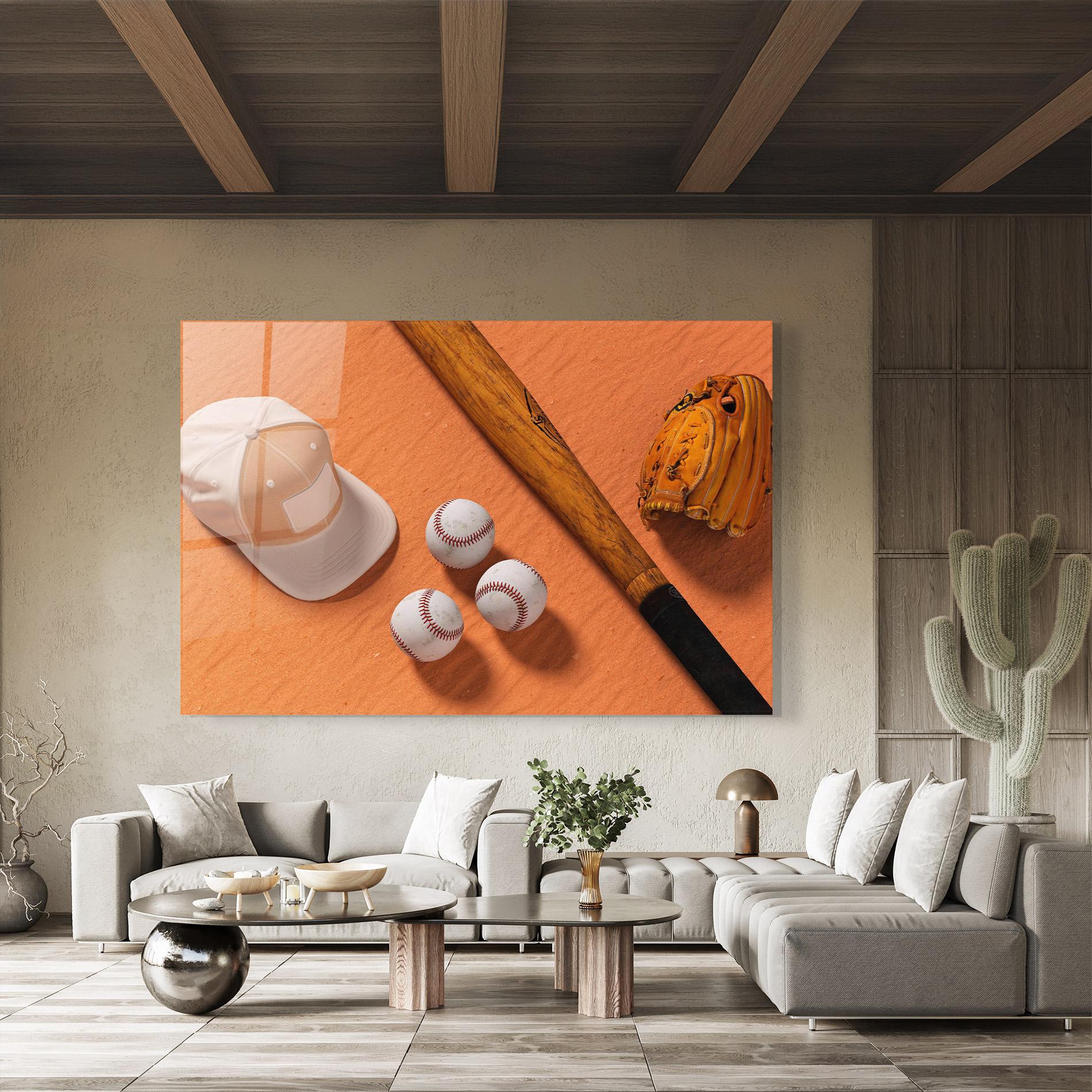 Glasbild Baseball Set On Orange mockup 8