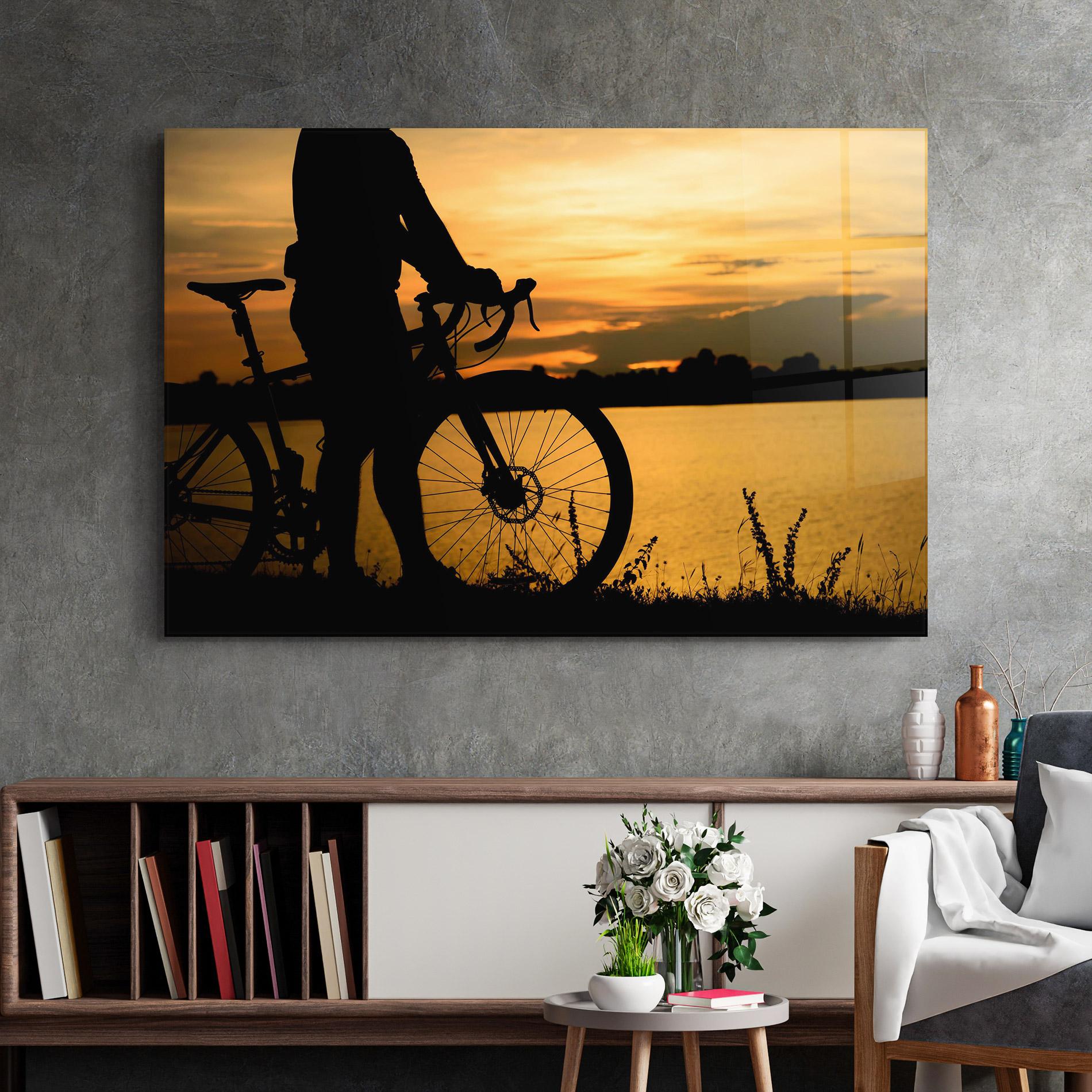 Glasbild Bicycle Sunset Silhouette mockup 2