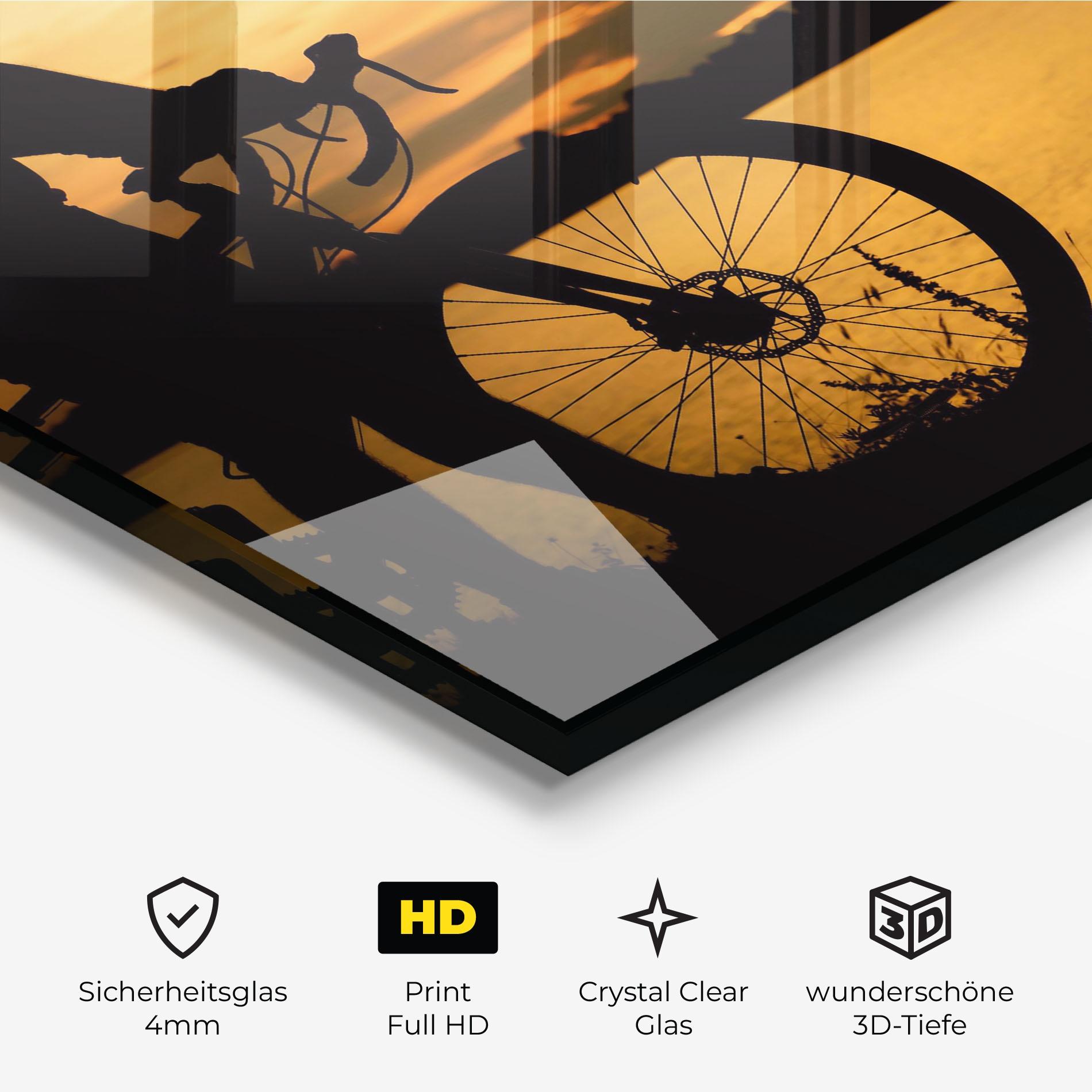 Glasbild Bicycle Sunset Silhouette mockup 3