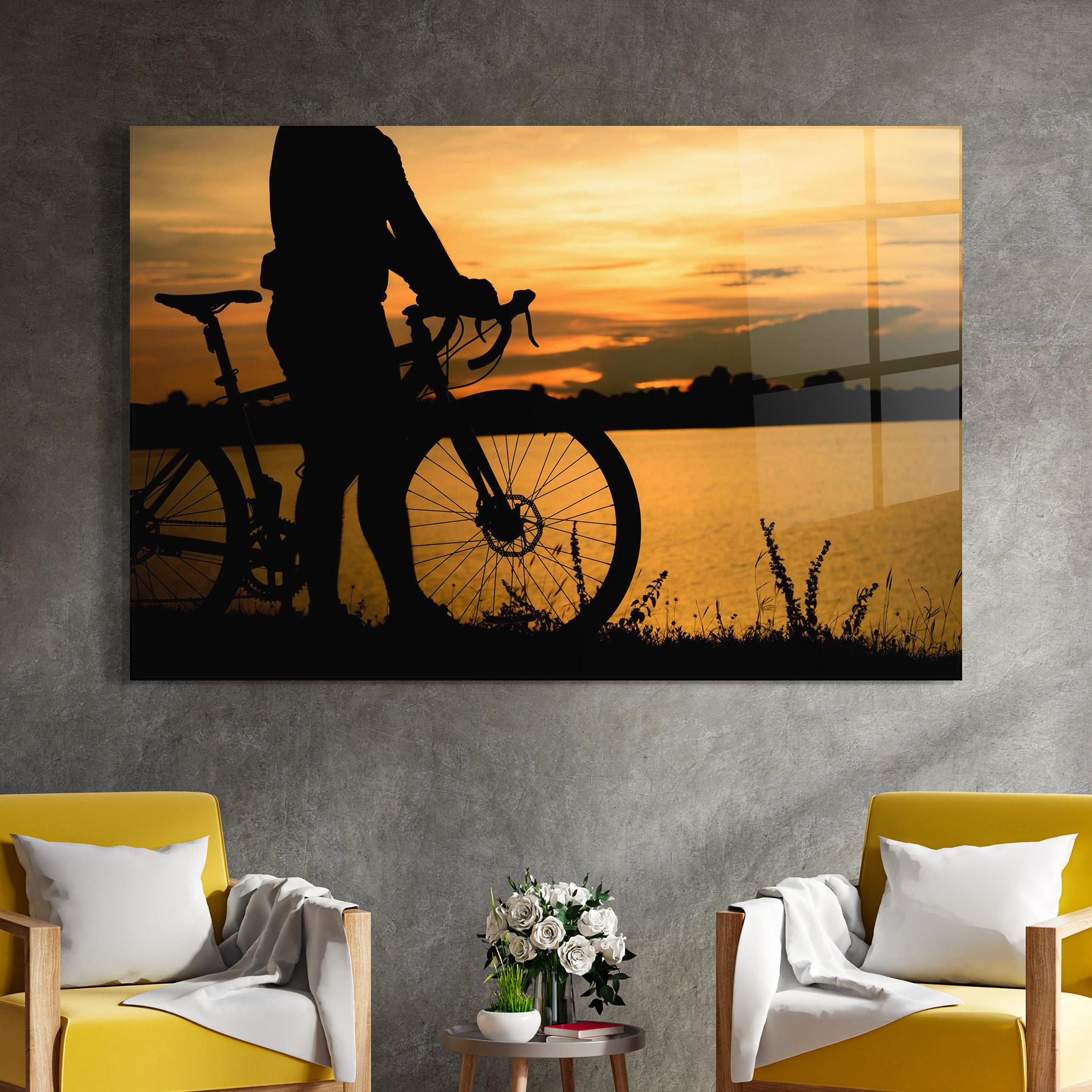 Glasbild Bicycle Sunset Silhouette mockup 4