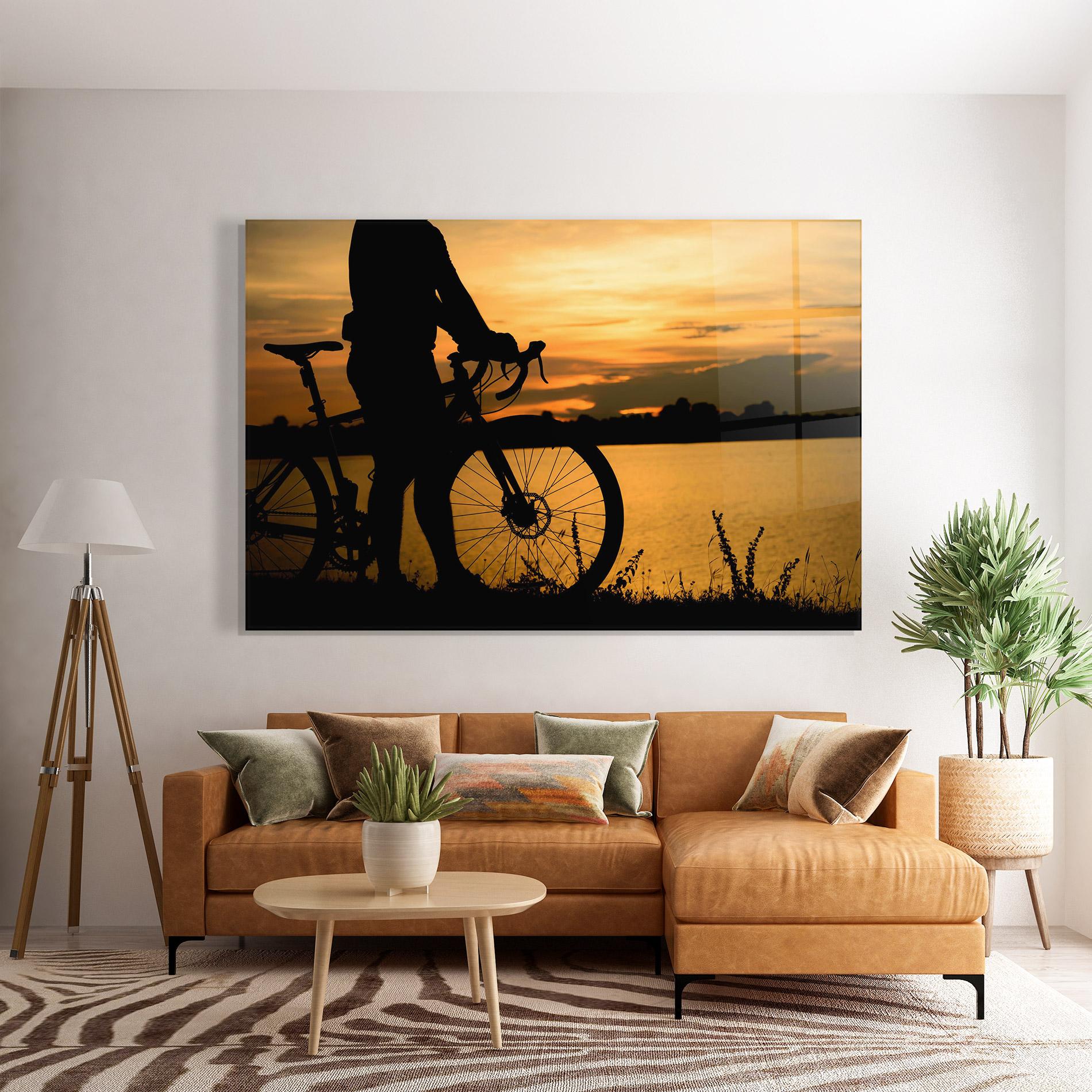 Glasbild Bicycle Sunset Silhouette mockup 7