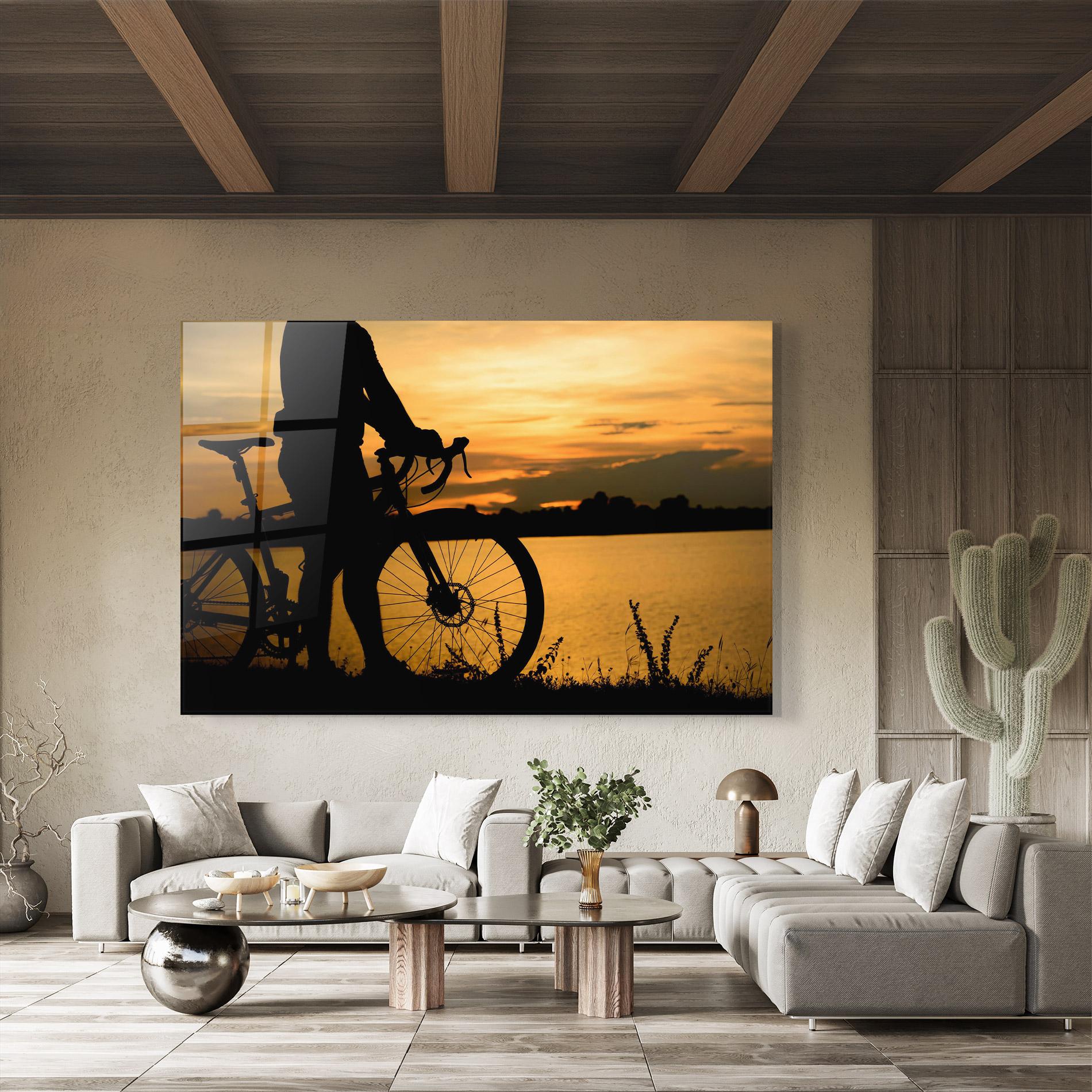 Glasbild Bicycle Sunset Silhouette mockup 8