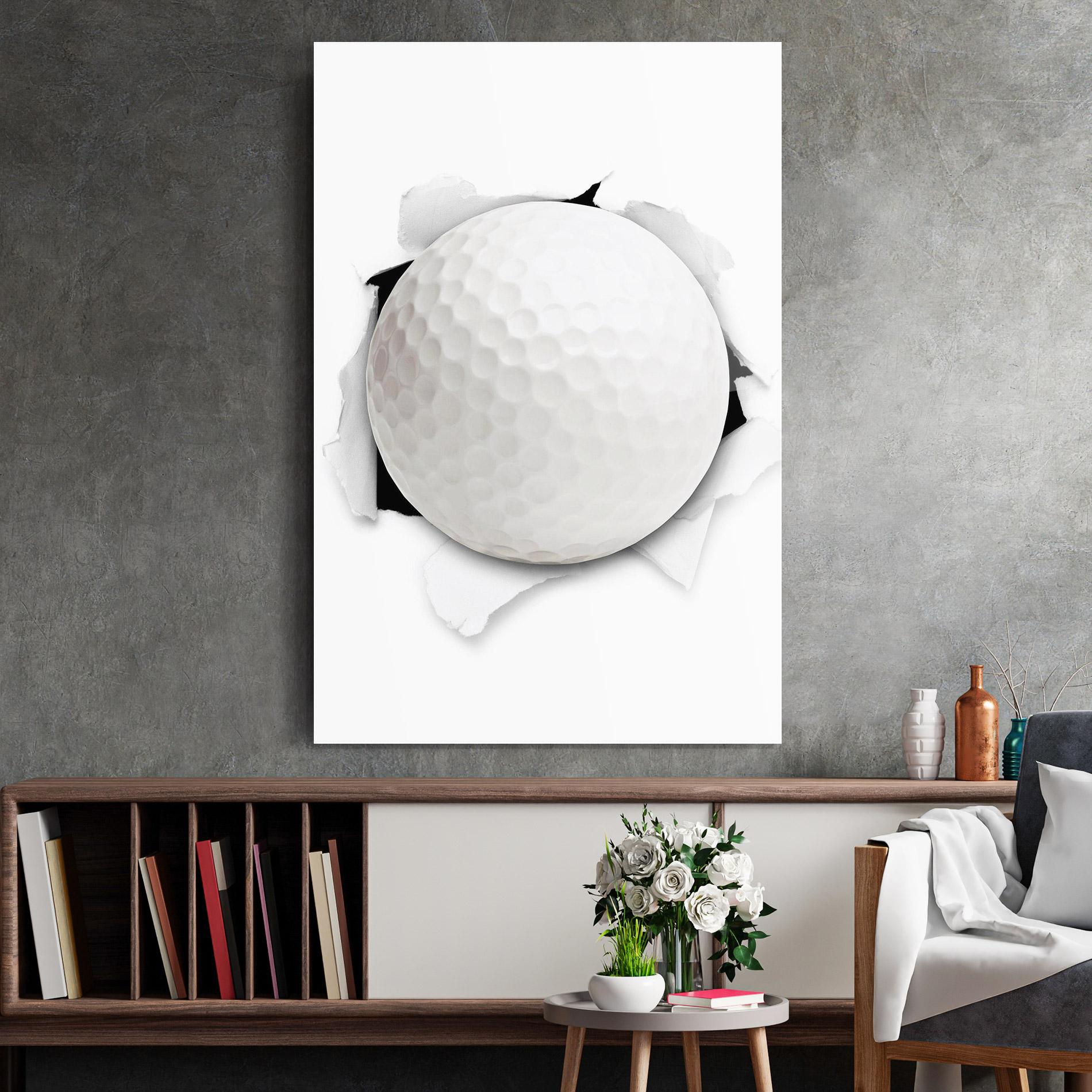 Glasbild Golf Ball Bursting Hole mockup 2