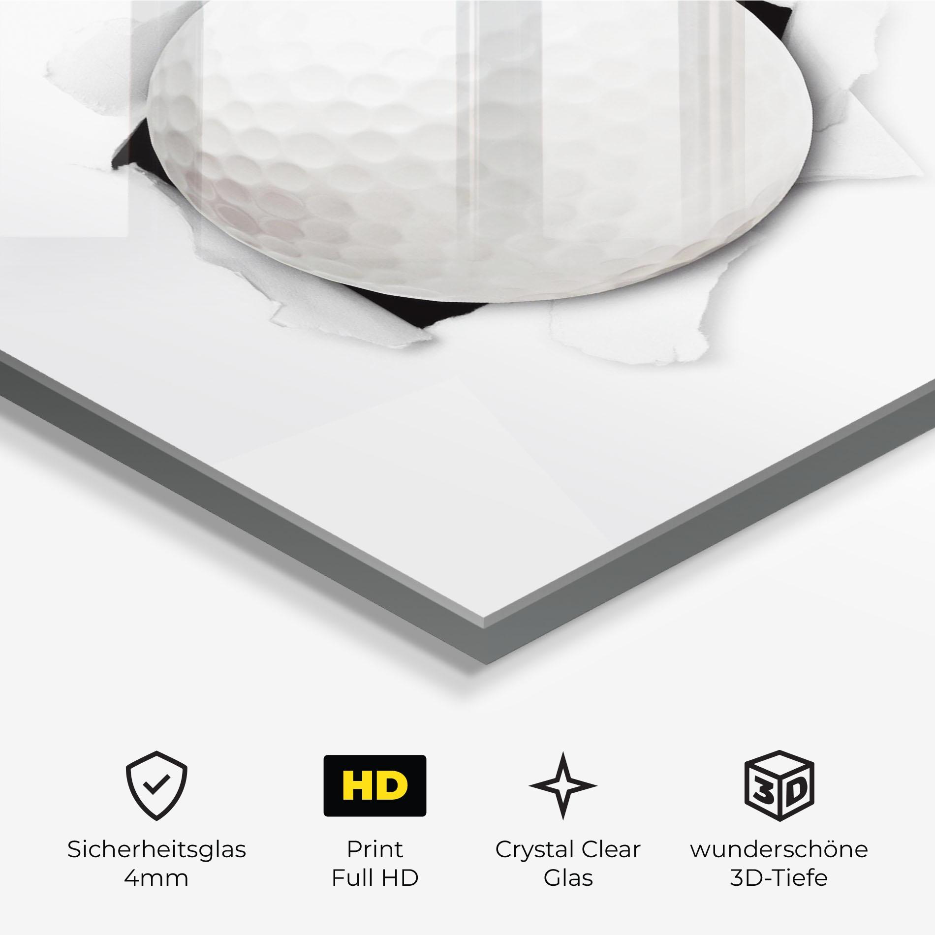 Glasbild Golf Ball Bursting Hole mockup 3