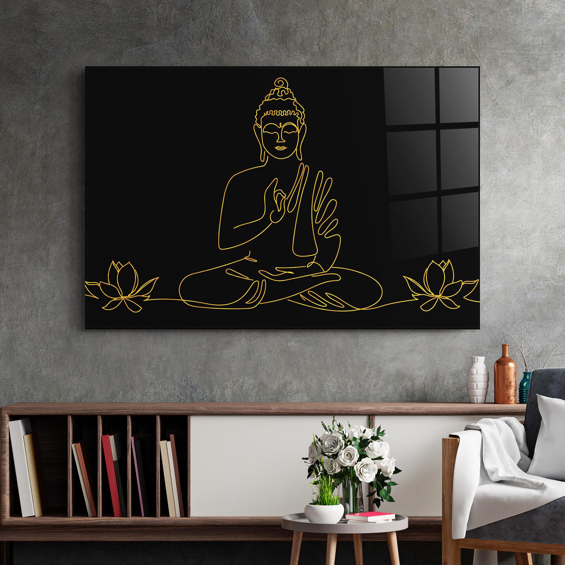 Glasbild Buddha Gold Line mockup 2