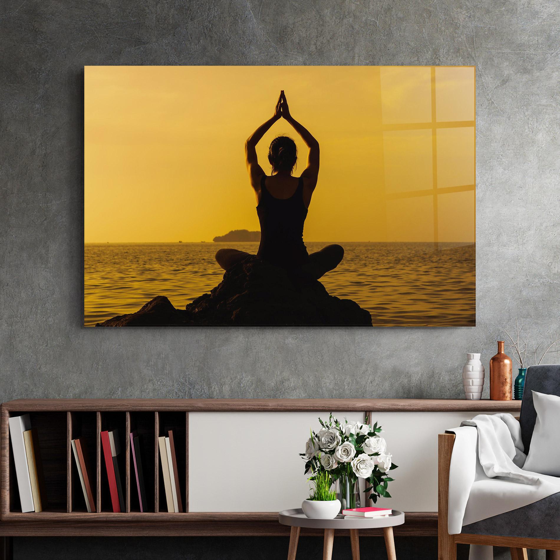 Glasbild Meditation On Sunset mockup 2